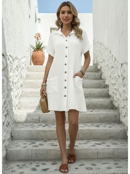 PARTIQ - Womens New Simple Solid Casual Fashion Lapel Button-Down Shirt Dress - White