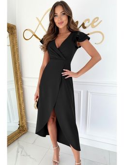 PARTIQ - Womens Summer Commuter Solid V-Neck Waist Ruffled Sleeve Irregular For Women - Black