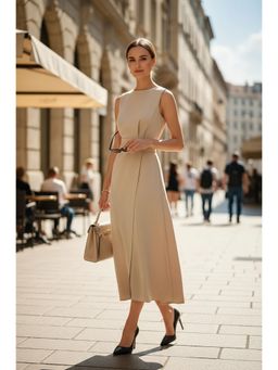 PARTIQ - Womens Summer Sleeveless Solid Dress - Khaki