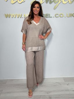 PARTIQ - Womens Cross-Border Explosive Trim V-Neck Top With Trouser - Khaki