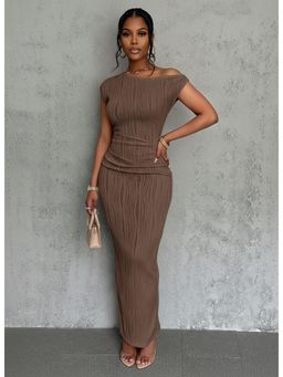 PARTIQ - Womens New Cross-Border Cute Fashion Water Ripple Slanted Shoulder Dress - Khaki