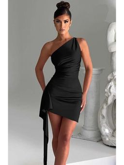PARTIQ - Womens Cross-Border Pleated Slit Satin Dress - Black