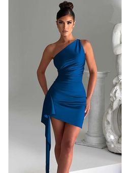 PARTIQ - Womens Cross-Border Pleated Slit Satin Dress - Blue