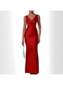 PARTIQ - Womens slim solid slit slatted Dress -Red