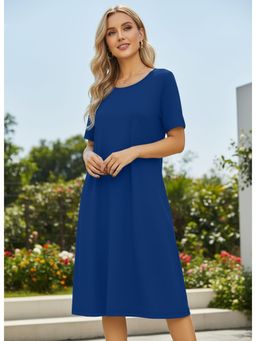 PARTIQ - Womens Solid Half Sleeves Round Neck Dress - Blue
