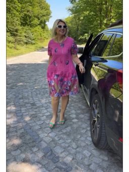 PARTIQ - Womens Flower Print Half Sleeves Loose Dress - Magenta