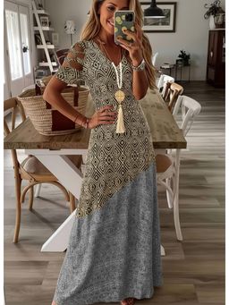 PARTIQ - Womens Summer V-Neck Thread Hollow Casual Fashion Print Dress Long Skirt Dress - Khaki