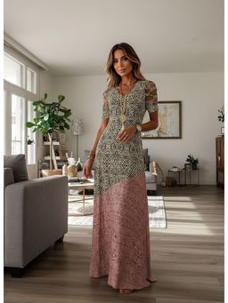 PARTIQ - Womens Summer V-Neck Thread Hollow Casual Fashion Print Dress Long Skirt Dress - Pink