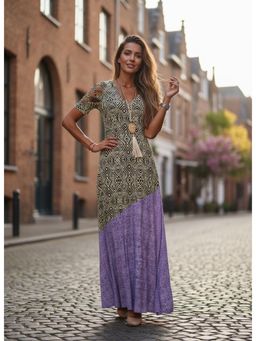 PARTIQ - Womens Summer V-Neck Thread Hollow Casual Fashion Print Dress Long Skirt Dress - Purple