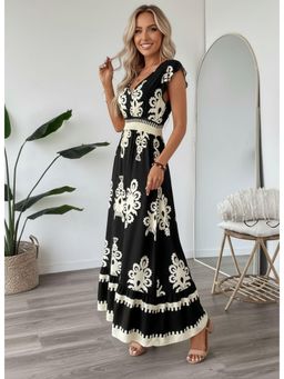 PARTIQ - Womens V-Neck Waist Long Dress - Black