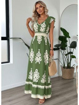 PARTIQ - Womens V-Neck Waist Long Dress - Green