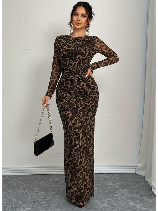 green emerald velvet dress Leopard Midi Dress Brown / Xs main image 1