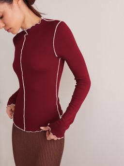 PARTIQ - Womens Contrasting Rolled Edge Full Sleeves Top - Burgundy