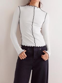 PARTIQ - Womens Contrasting Rolled Edge Full Sleeves Top - White