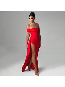 PARTIQ - Womens Sexy One-Shoulder Elegant Party Dress Slit Dress - Red