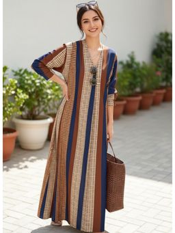 PARTIQ - Womens Vertical Striped V-Neck Dress - Multi-Color