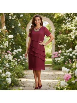 PARTIQ - Womens Spliced Chiffon Half Sleeve Dress - Burgundy