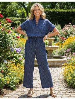 PARTIQ - Womens Striped Lapel Short-Sleeve Lazy Style Co-Ord Set - Blue