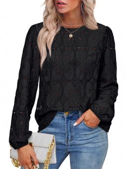 PARTIQ - Womens Hollow Lace Full-Sleeved Top - Black