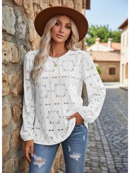PARTIQ - Womens Hollow Lace Full-Sleeved Top - White
