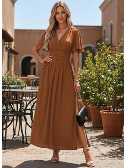 PARTIQ - Womens Flying Sleeves High Slit Dress - Brown