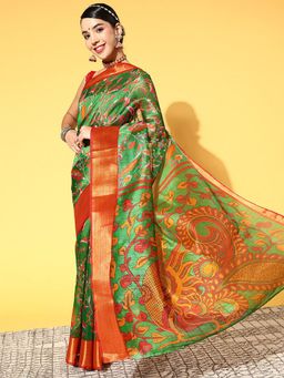 Odette - Cotton Linen Green Printed Designer Saree with Unstitched Blouse