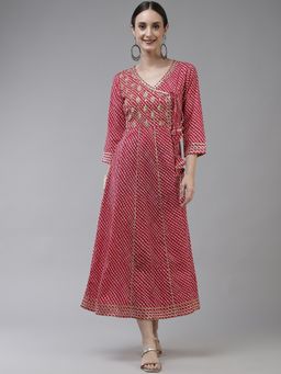 Yufta - Women Pink Embroidery Angrakha Style Dress