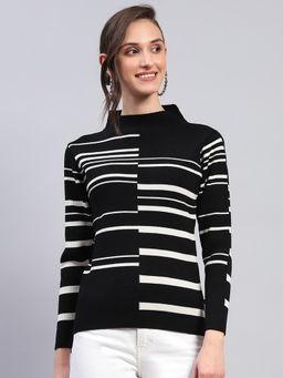 Monte Carlo - Women's Self Design Black High Neck Full Sleeve Top