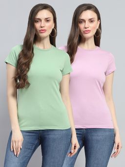 Monte Carlo - Women's Solid Pink and Green Round Neck Half Sleeve Top (Pack of 2)