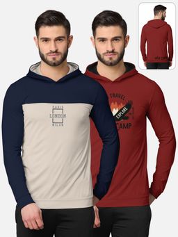 BULLMER - Printed Full Sleeve Hooded T-shirt For Men Multi-color (Pack of 2)