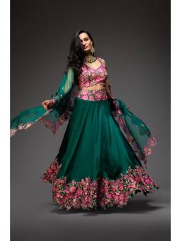Neha Gursahani - Emerald Multi-Color Embroidered Lehenga with Blouse and Dupatta