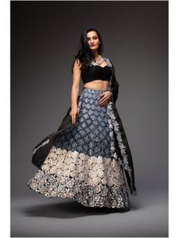 Neha Gursahani - Charcoal Black Embroidered Lehenga with Blouse and Dupatta