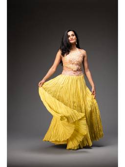 Neha Gursahani - Lemon Yellow Crinkled Lehenga with Blouse