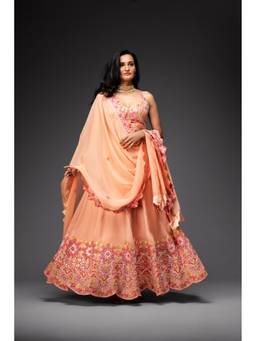 Neha Gursahani - Peach Embroidered Lehenga with Blouse and Dupatta