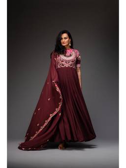 Neha Gursahani - Burgundy Embroidered Maxi Dress with Dupatta