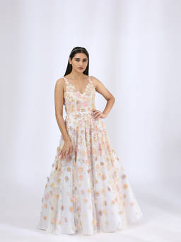 Neha Gursahani - Ivory 3-D Embroidered Gown