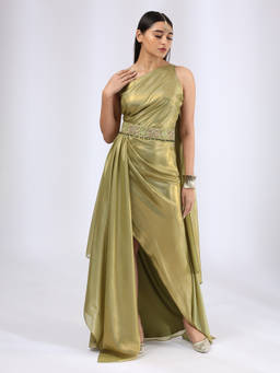 Neha Gursahani - Olive Gold Pre Draped Saree Gown with Waist Belt