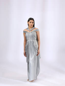 Neha Gursahani - Metallic Grey Pre Draped Gown