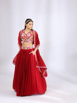 Neha Gursahani - Bright Red Embroidered Lehenga with Blouse and Dupatta