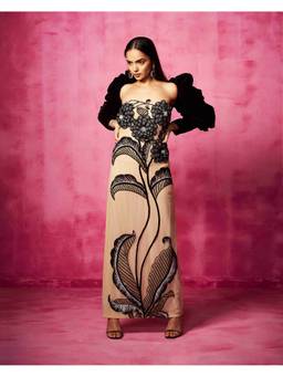 Neha Gursahani - Beige Embroidered Gown with Shrug