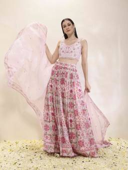 Neha Gursahani - Printed Pink Lehenga Blouse with Waistbelt and Dupatta