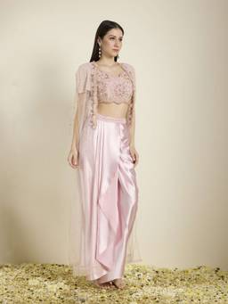 Neha Gursahani - Dusty Rose Pink Draped Skirt with Blouse and Cape
