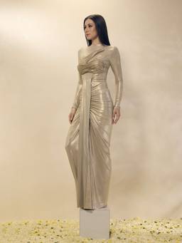 Neha Gursahani - Gold Lycra Draped Gown with Breast Plate