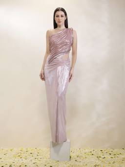 Neha Gursahani - Pink Lycra Draped Gown with Bodice Plate