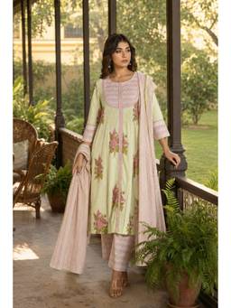 EKOHUM - Festive Embroidered Pista Green Cotton Kurta with Pant and Dupatta