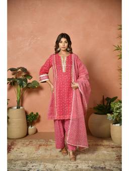 EKOHUM - Festive Embroidered Rani Pink Kota Doria Kurta with Pant and Dupatta