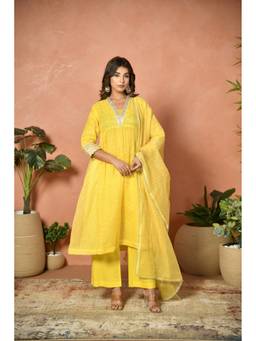 EKOHUM - Yellow Embroidered Kota Doria Kurta with Pant and Dupatta