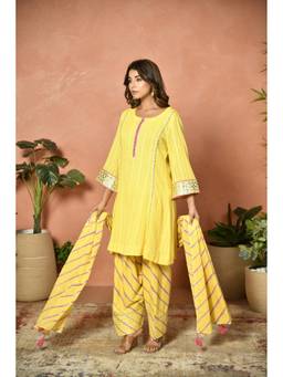 EKOHUM - Yellow Embroidered Cotton Kurta with Pant and Dupatta
