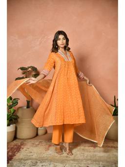 EKOHUM - Orange Embroidered Kota Doria Kurta with Pant and Dupatta