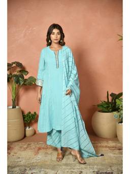 EKOHUM - Blue Firozi Embroidered Cotton Kurta with Pant and Dupatta